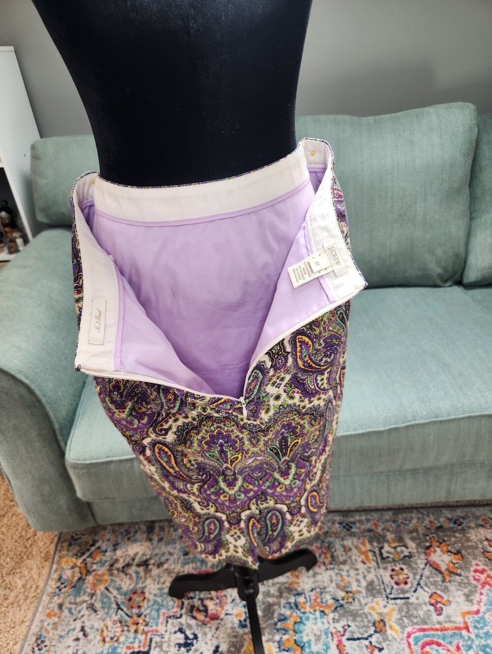 J Crew Purple Paisley Pencil Skirt Yellow & Grewn AccentsSize 12 Great Condition - Picture 6 of 11